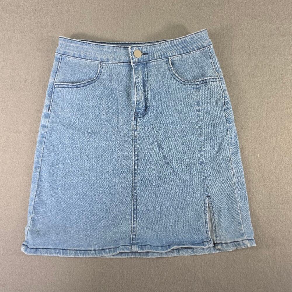 Womens Y2K Denim Mini Skirt M Light Wash High Rise Front Slit Short A Line